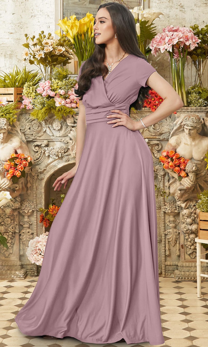 KOH KOH Womenâ€™s Long Cap Short Sleeve Flowy Cocktail Semi Formal Prom Gala Black Tie Bridesmaid Wedding Guest Work Dressy Tall Gown Gowns Maxi Dress Dresses, Dusty Pink L 12-14 - Image 3
